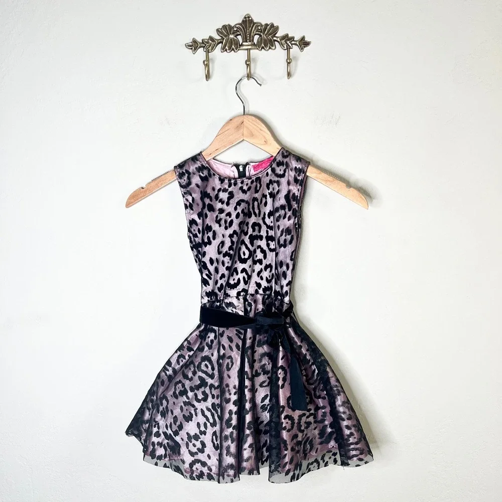 Betsey Johnson Dress Fit and Flare Girls Size 6 Pink Leopard Print Velvet Tulle